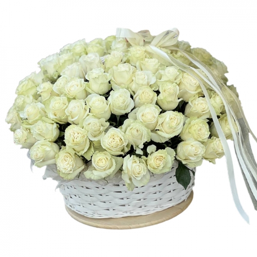 Букет 51 белая роза в корзине